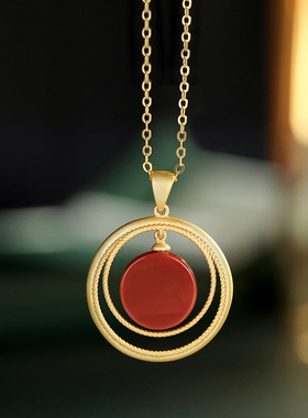 国潮南红古法金厚金红石款同心吊坠古典大气优雅精致小巧简约项坠