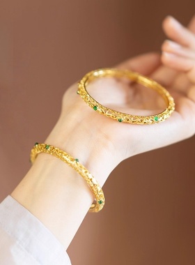 古法手镯女纯银花丝送妈妈款金镶玉天然翡翠玉镯子中国风礼物生日