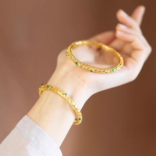 古法手镯女纯银花丝送妈妈款金镶玉天然翡翠玉镯子中国风礼物生日