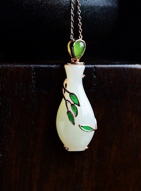 观音玉瓶s925纯银镀金和田玉柳枝吊坠 中国风大气女款银坠子