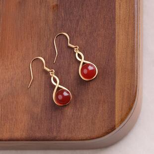 新款古法金S925纯银红玛瑙水滴耳环宫廷心形耳坠镶嵌彩宝玉髓耳饰