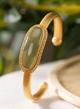 原创意S925银镀金天然和田青玉手镯个性简约古风花纹女手环