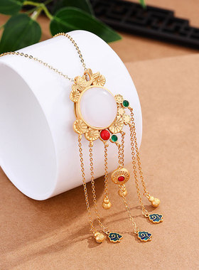 创意设计国潮古法镀金景泰蓝滴釉镶嵌和田玉流苏款古风旗袍项链