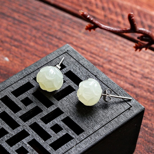 原创手工 925纯银耳钉天然和田玉莲花简约百搭气质防过敏耳环饰品