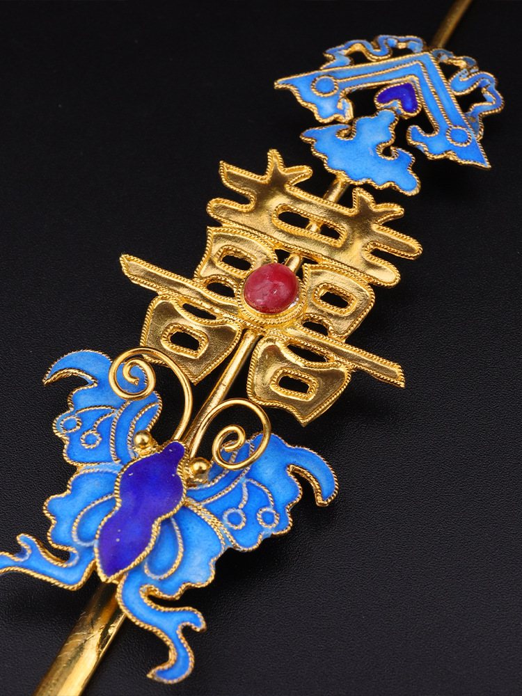 古风喜庆吉祥纯银鎏金花丝镶嵌红宝石古风汉服发簪婚庆头饰高端