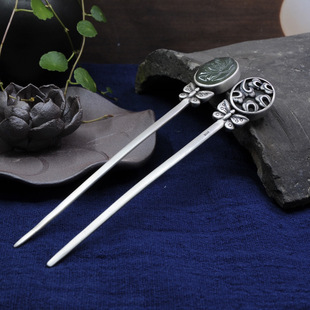 s925银复古发簪盘发百搭和田玉蝴蝶牡丹步摇发栈子新中式一字素簪