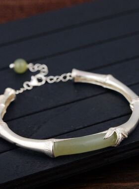 原创手工银925纯银竹节竹子和田玉节节高手链 时尚七夕女友送妈妈