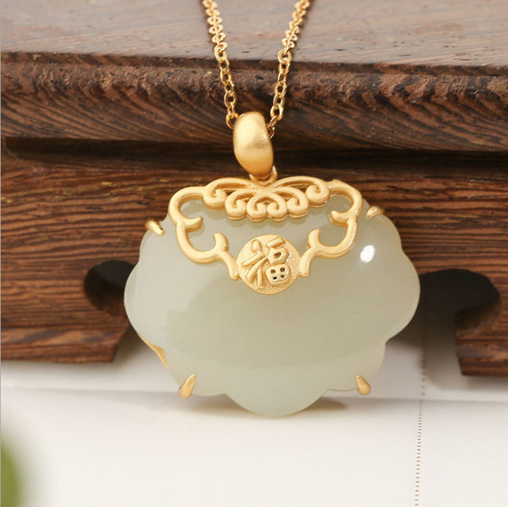 平安福天然和田白玉福字平安锁项链吊坠挂件纯银黄金色镶嵌古法金