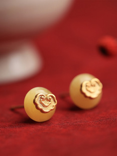 纯银古法金如意蜜蜡琥珀高级感气质轻奢耳钉女古风耳环耳饰