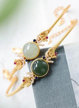 小珍珠镶嵌白玉青玉古风古典优雅气质女开口可调节女神手链手环