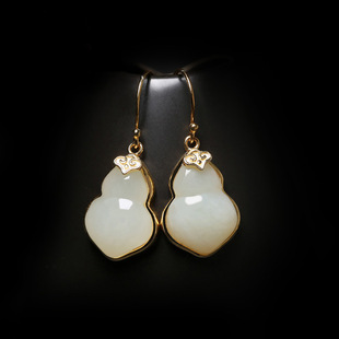 和田白玉葫芦耳坠金镶玉S925纯银耳钩送妈妈母亲女友礼物耳环耳饰