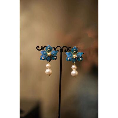 景泰蓝鎏金烧蓝丝复古宫廷款耳钉女牡丹珍珠红宝耳坠古典汉服首饰
