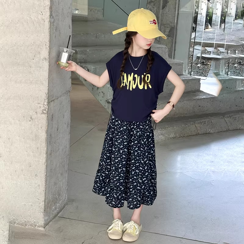 DWDZ女大童夏季薄款碎花短袖裙子2026新款套装女童夏装学生半身裙
