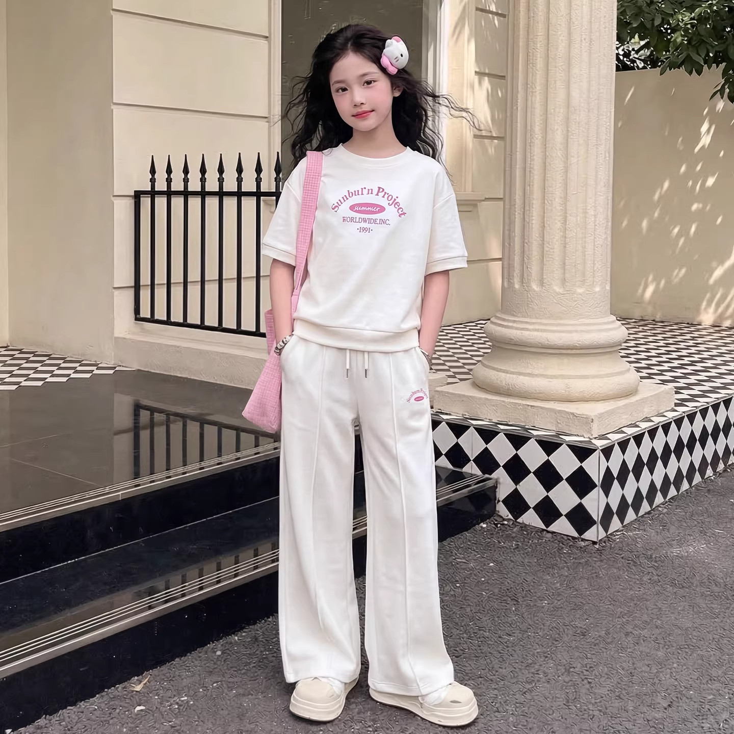 DWDZ女童短袖套装2026夏季新款儿童T恤裤子女大童学院风休闲夏装