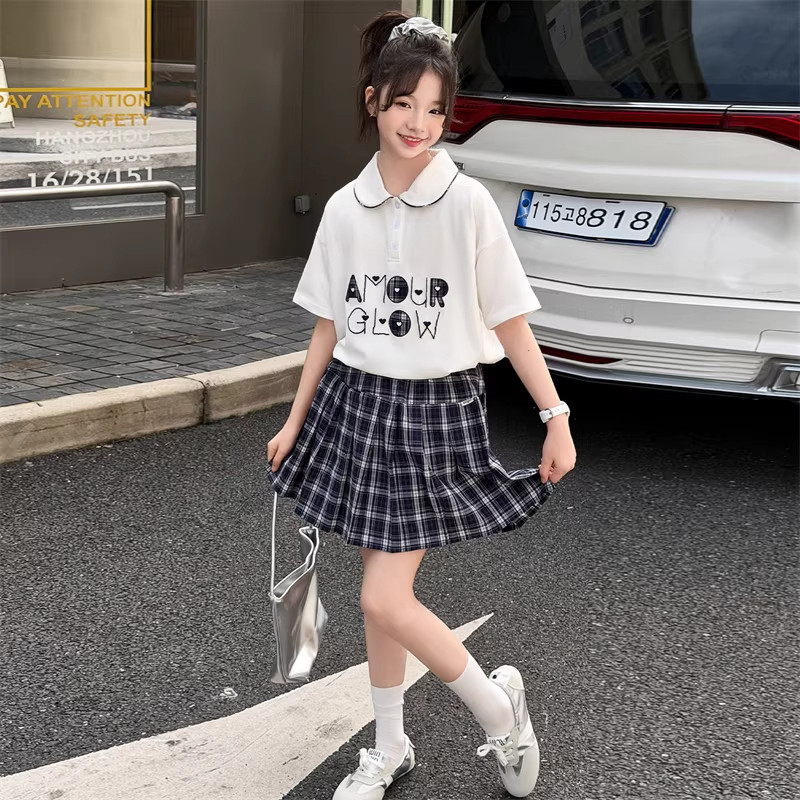 DWDZ女童格子裙套装2026新款儿童短袖裙子T恤半身裙女大童夏装潮