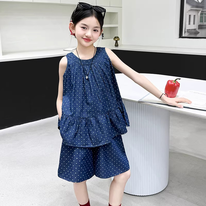 DWDZ女童波点水洗牛仔套装2026夏季新款短袖短裤女大童夏装潮