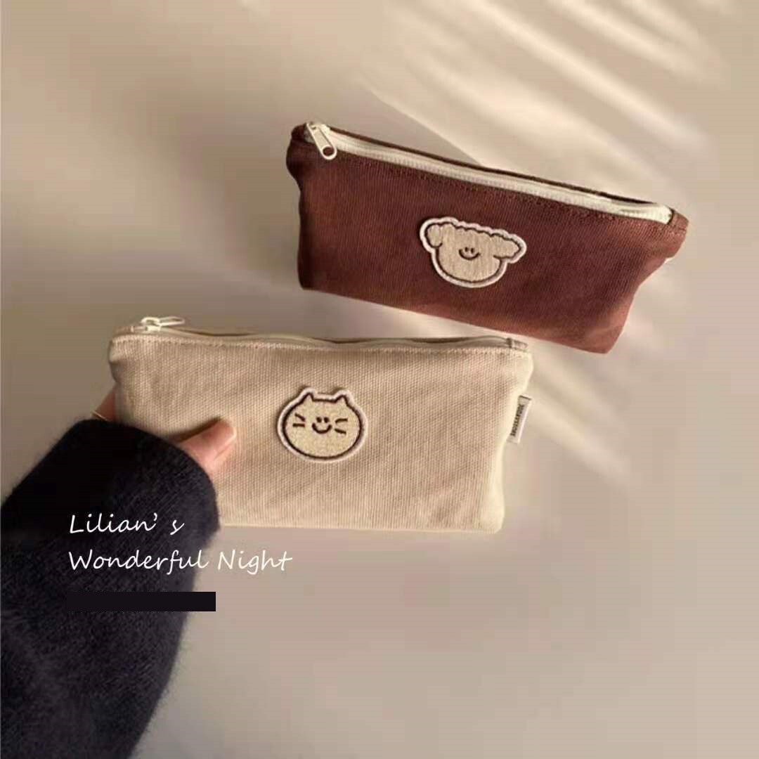 猫咪狗笔袋ins日系女生大容量简约小众高颜值韩版帆布收纳文具袋
