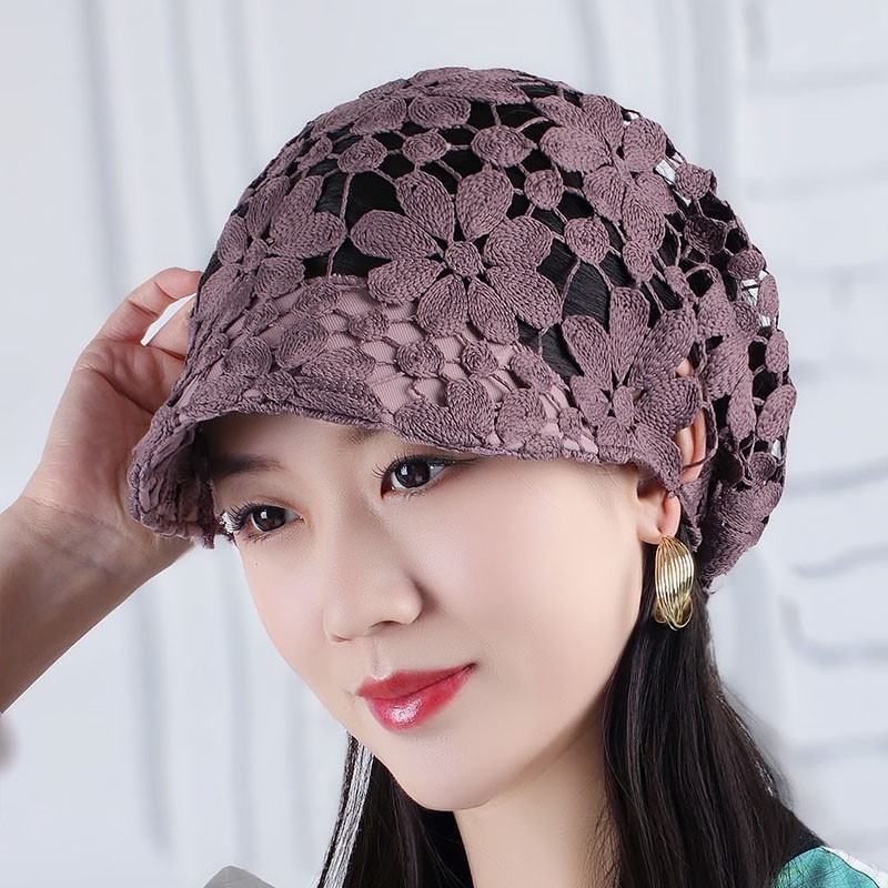夏季遮白发帽薄款透气软沿鸭舌帽洋气镂空花朵堆堆帽休闲搭配时装