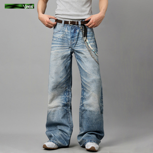 水洗做旧宽松直筒复古ins街头长裤 IREX 印花牛仔裤 链数码 ac风3d裤