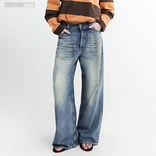 【反围剿牛王】美式重磅中度毛羽蓝猫须洗水宽松牛仔裤微喇长裤