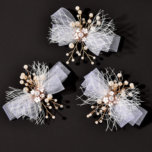 新娘婚礼配饰 韩式女童礼服配饰白色网纱珍珠发夹头饰 厂家直销