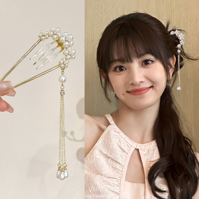 国风珍珠款流苏步摇发簪女