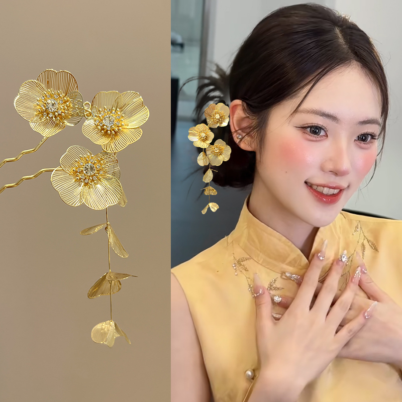 金色流苏花朵发簪女士