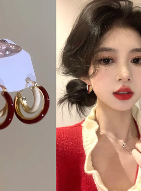 复古港风红色耳钉轻奢高级感气质大气耳扣女小众撞色耳环2025新款