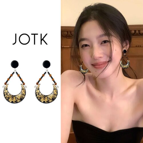 复古黑金月亮串珠吊坠软垫耳夹女