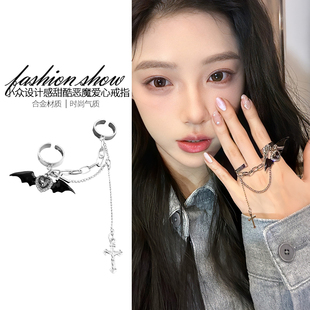 指环十字架开口可调节食指戒手饰 甜酷爱心戒指女恶魔翅膀夸张个性