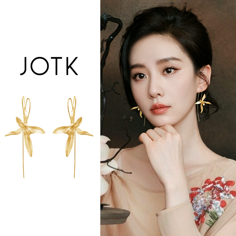新中式金色鸢尾花耳环女士2026新款小众设计感耳钩高级感耳坠耳饰