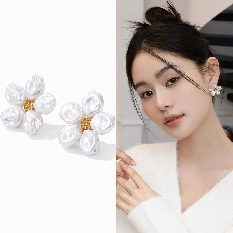法式白色花朵耳夹无耳洞女