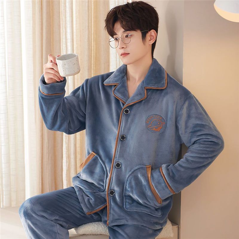 北极绒男士冬季加厚睡衣法兰绒套装中青年家居服加绒开衫大码保暖