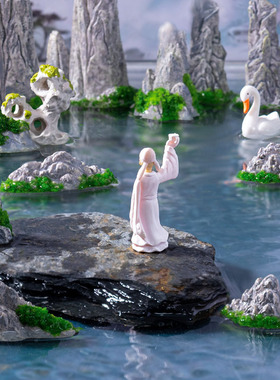 可爱树脂小人创意仿真假山摆件迷你竹排桌面手工造景装饰石头山峰