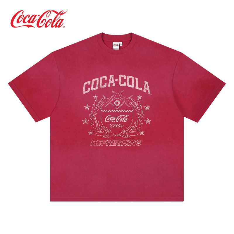 Coca-Cola可口可乐 喷马骝做旧水洗斑驳印花渐变短袖T恤 男女同款