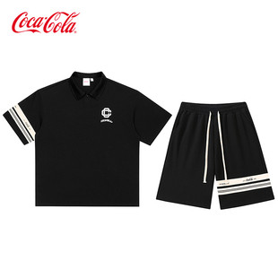 休闲五分短裤 套装 男女同款 Cola 可口可乐拼接字母短袖 Coca Polo衫