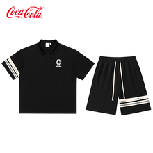 Cola Polo衫 休闲五分短裤 男女同款 Coca 套装 可口可乐拼接字母短袖
