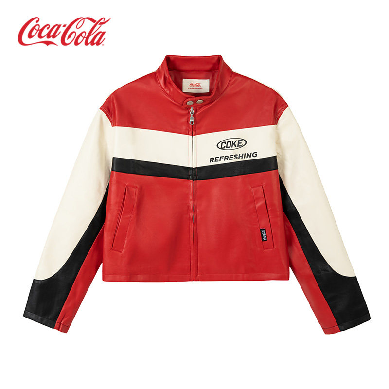 【商场同款】Coca-Cola可口可乐 撞色拼接赛车元素机车皮衣