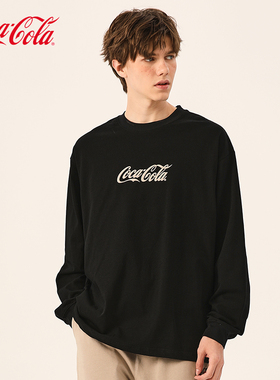 Coca-Cola/可口可乐 发泡字母印花 长袖T恤男简约圆领黑色打底衫