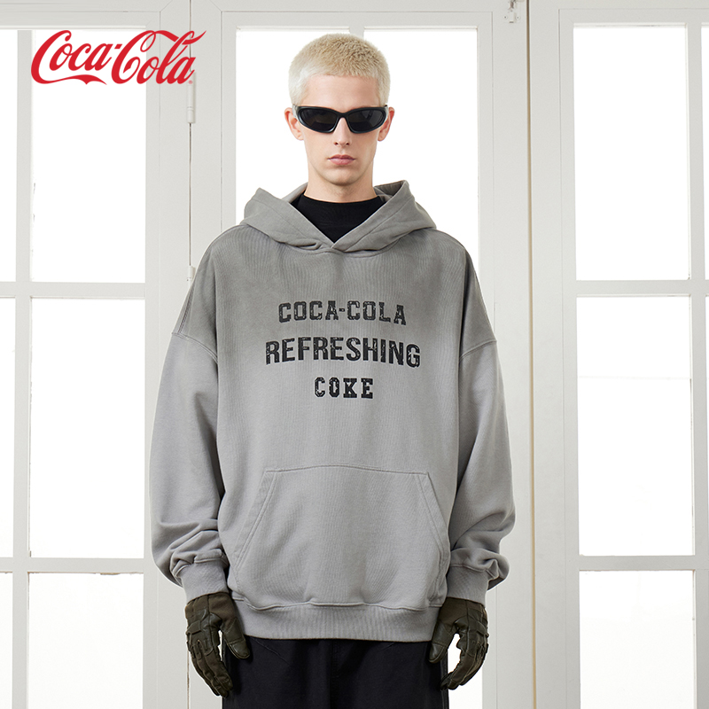 Coca－Cola/可口可乐渐变卫衣男秋冬做旧重磅串标连帽上衣外套