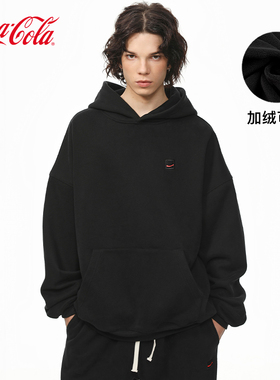 Coca-Cola可口可乐 加绒连帽卫衣男美式复古灰色榻榻米刺绣厚卫衣