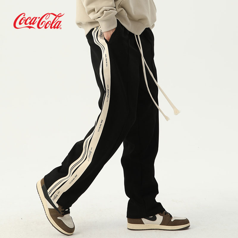 Coca-Cola/可口可乐 不对称条纹 休闲裤男春秋款直筒拖地裤运动裤