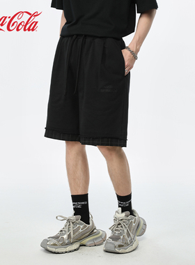 Coca－Cola/可口可乐假两件字母刺绣直筒休闲短裤 男女同款 黑色