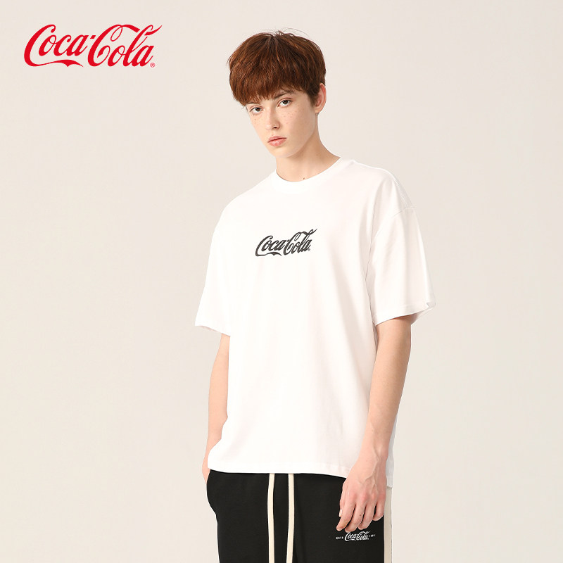 Coca-Cola/可口可乐白色短袖美式经典字母发泡印花T恤男女同款