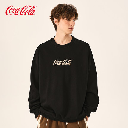 Coca-Cola/可口可乐圆领卫衣男美式潮牌春秋季新款黑色打底衫上衣