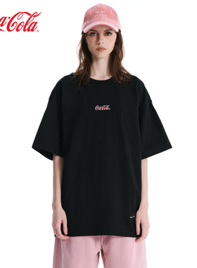 Coca-Cola可口可乐 章仔字母Logo刺绣落肩圆领短袖T恤 男女同款