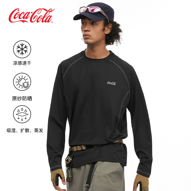 Coca-Cola可口可乐轻户外撞色拼接哈苏线印花圆领长袖T恤男女同款