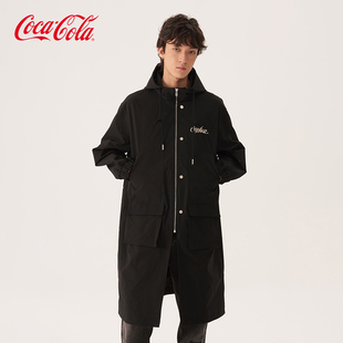 连帽风衣外套 可口可乐立体口袋字母刺绣基础纯色中长款 Cola Coca