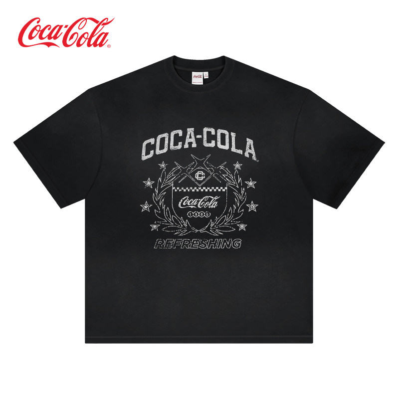 Coca-Cola可口可乐做旧水洗斑驳印花复古重磅渐变短袖T恤男女同款