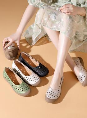 世家手工女鞋2025春夏新款真皮牛皮透气滑妈妈平底女鞋凉鞋85551